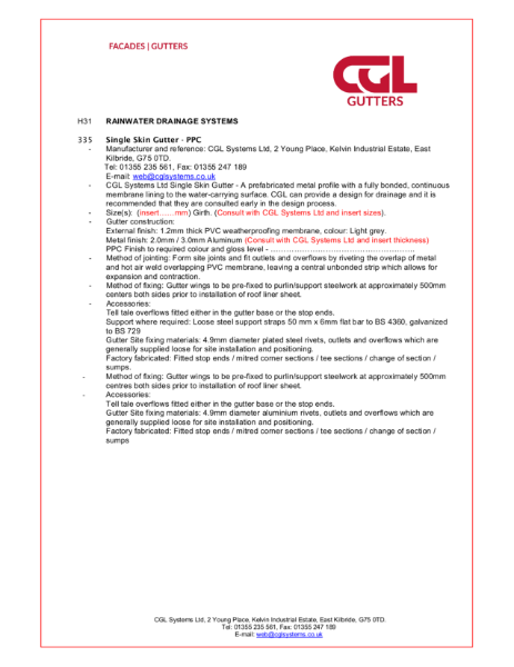 CGL Systems Ltd - Single Skin Gutter Specification H31 - July 2021 PPC Ali