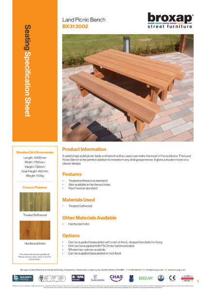 Land Picnic Bench Specification Sheet