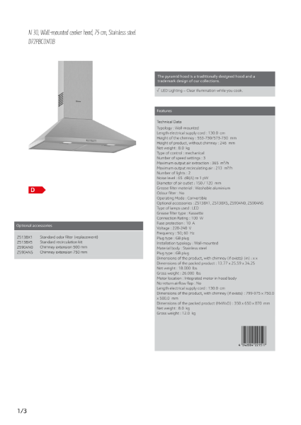 N 30, Wall-mounted cooker hood, 75 cm, Stainless steel
D72PBC0N0B