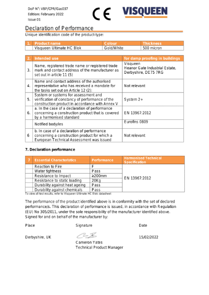 Gas CE Visqueen Ultimate HC Blok Declaration of Performance