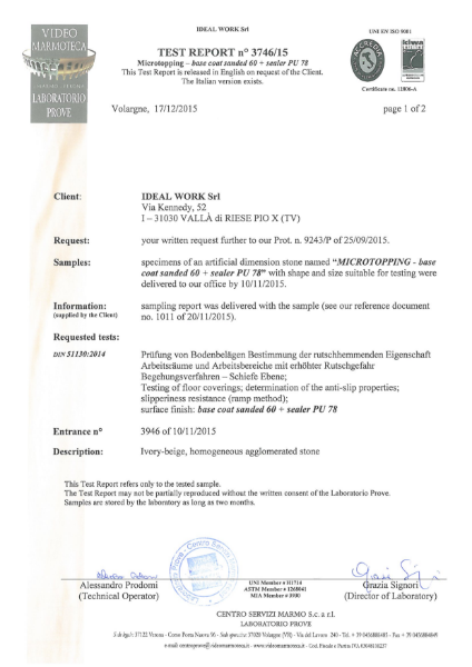 Test Report Slip Resistance: Microtopping® Base Coat Sanded 60+ Sealer PU 78