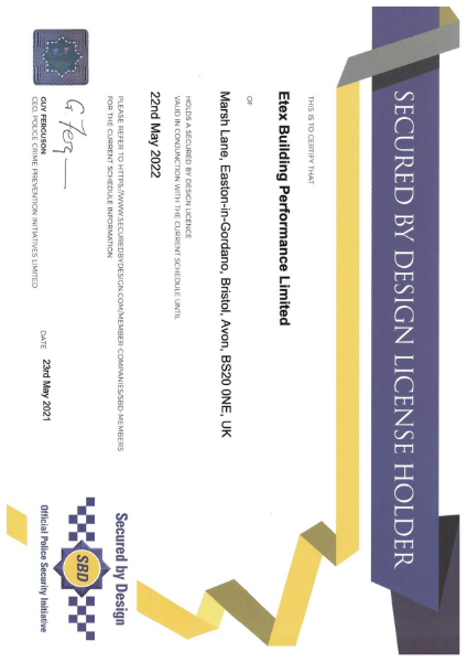 Siniat Securtex Secured by Design Certificate 
