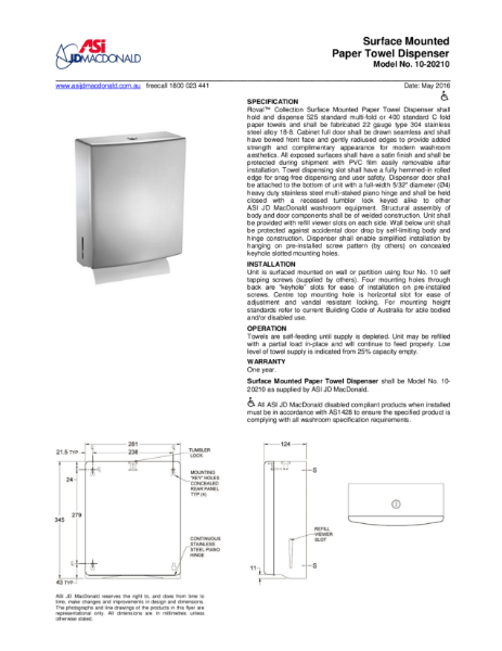 Roval™ Paper Towel Dispenser Specification Sheet
