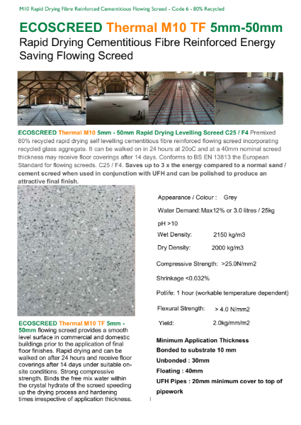 ECOSCREED Thermal M10 TF : 80% Recycled Quick Drying Fibre Reinforced Cementitious Flowing Screed