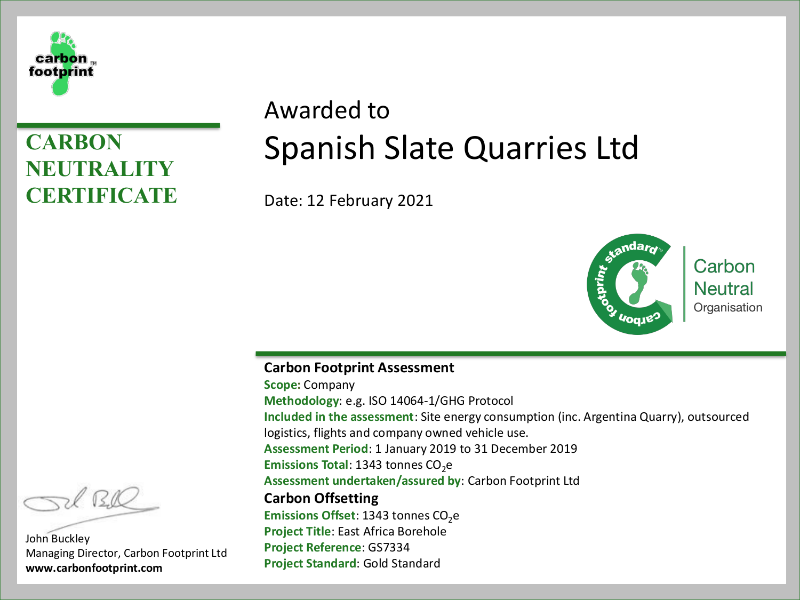 CFP Carbon Neutral Certificate - Spanish Slate Quarries