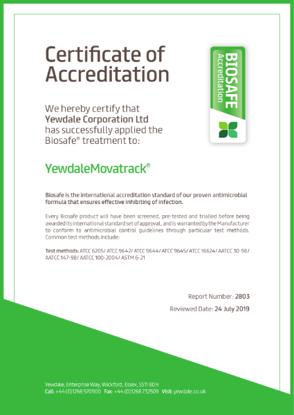 Biosafe anti-bacterial Movatrack cubicle track certificate