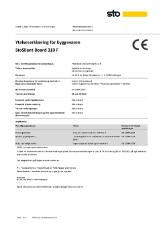 Ytelseserklæring for byggevaren StoSilent Board 310 F