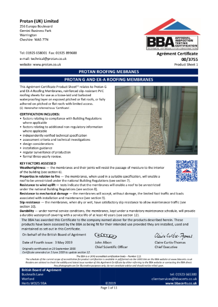 BBA Certificate Protan G and EX-A Single Ply Membrane