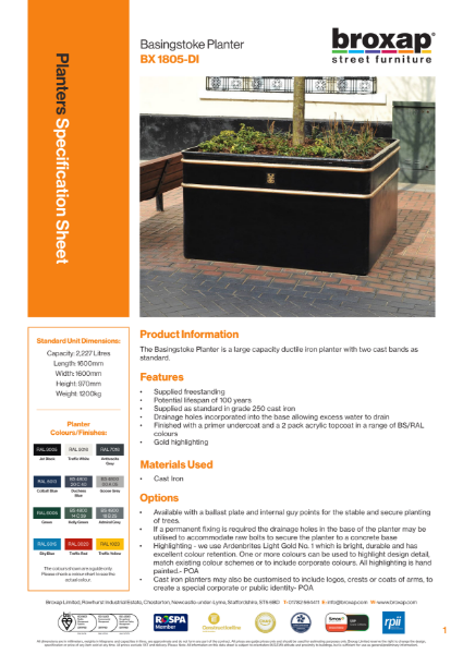 Basingstoke Ductile Iron Planter Specification Sheet