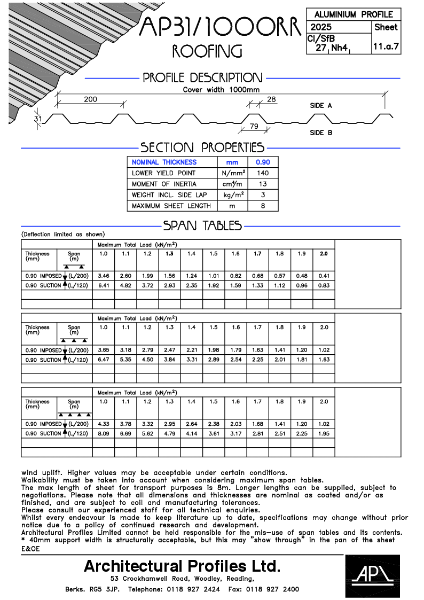 AP 31/1000RR - Aluminium- Roofing Data Sheet