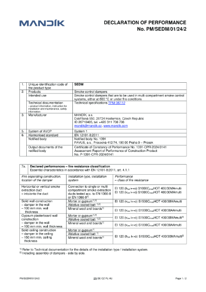 SEDM – Declaration of performance (CE)
