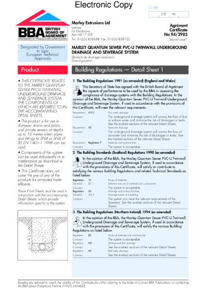 94/2985 Marley Quantum PVC-U underground drainage and sewerage system