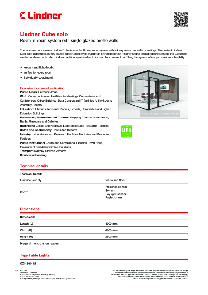 Lindner Cube solo - Data sheet