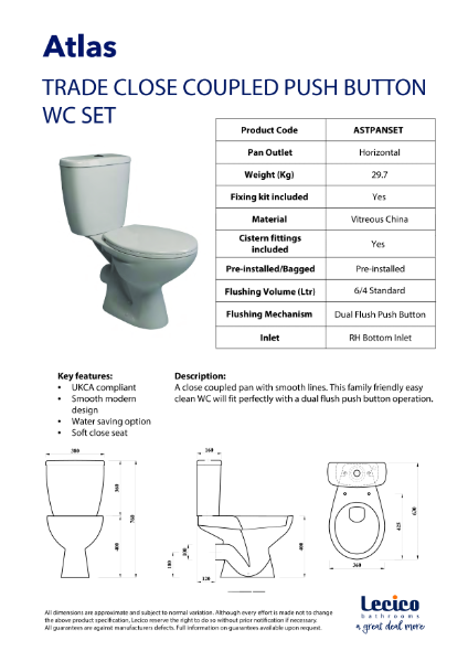 Atlas Close Coupled WC Pack inc Soft Close Seat