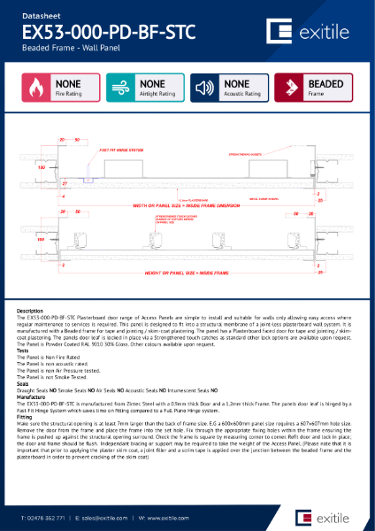 Datasheet - Plasterboard Riser Door (Range 53) - Beaded Frame - Non Fire Rated - Strenghen Touch Catch