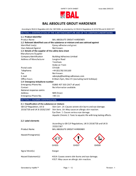 BAL Absolute Grout Hardener Material Safety Datasheet