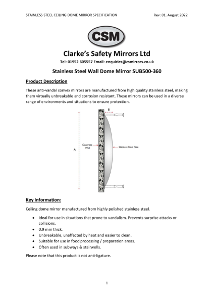 SUB500-360 Stainless Steel Wall Convex Mirror Specification