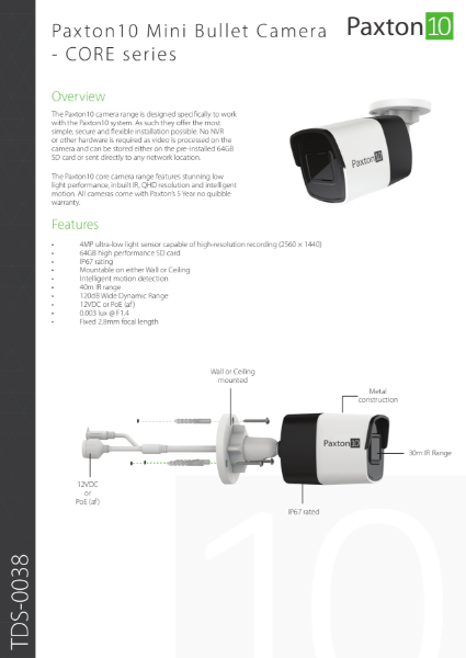 Paxton10 Mini Bullet Camera, CORE series - data sheet