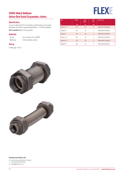 Product Data Sheet - HVAC Range Union End Axial Expansion Joints