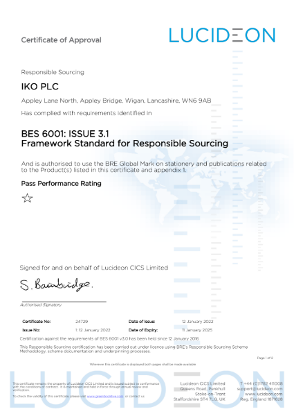 IKO PLC BES 6001 Site Certificate - Appley Bridge