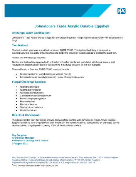 Mould Resistance Standard QA ASTM D5590 - Johnstone's Trade Acrylic Durable Eggshell