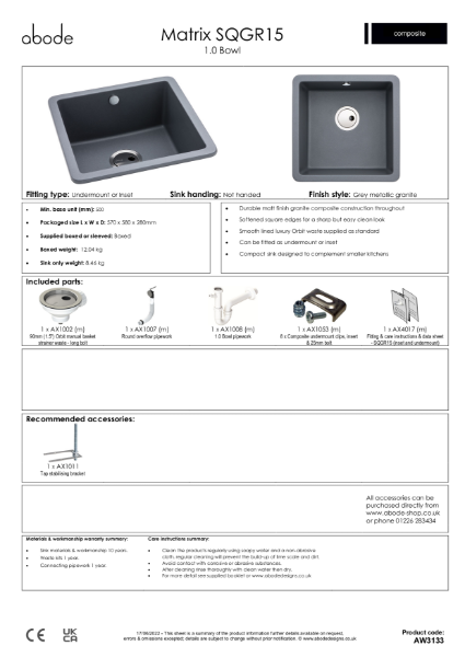 AW3133 (Grey Metallic Granite. 1.0 Bowl, No Drainer) - Consumer Specification