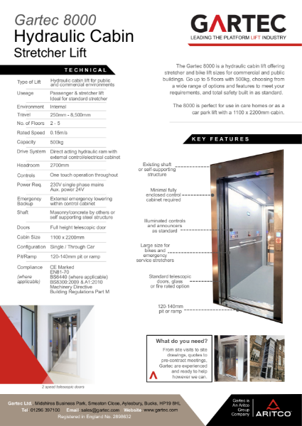 Gartec 8000 Hydraulic Cabin Stretcher Lift Information Sheet