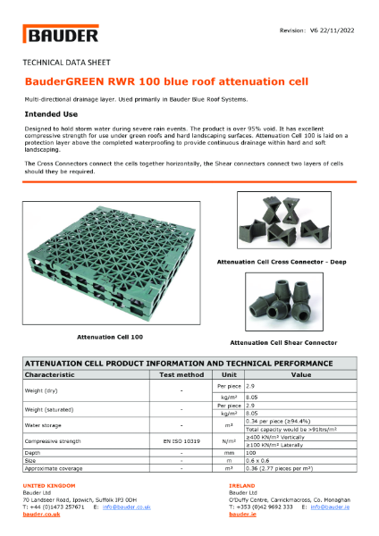 BauderGREEN RWR 100 blue roof attenuation cell - Technical data sheet