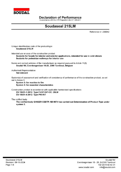 Declaration of Performance - Soudaseal 215LM