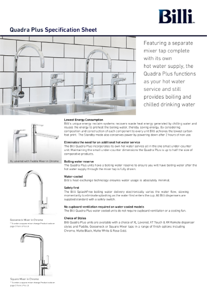 Billi Quadra Plus - Filtered Water System - Data Sheet