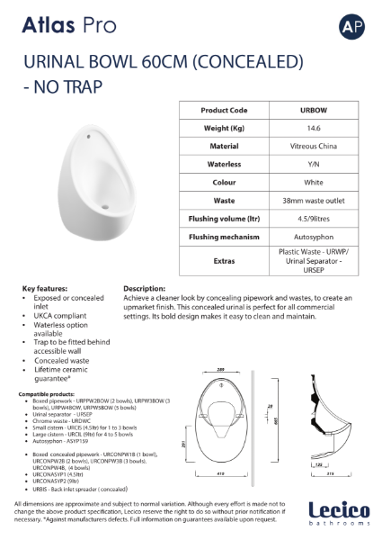 Atlas Pro Urinal Bowl 60cm (Concealed) - No Trap Data Sheet