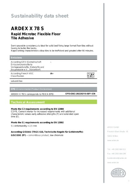 ARDEX X 78 S Sustainability Data Sheet