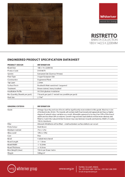 180 x 14 x 2200mm Barista Ristretto Plank Spec Sheet