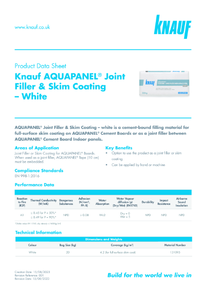 Knauf Aquapanel Joint Filler Skim Coating White Data Sheet