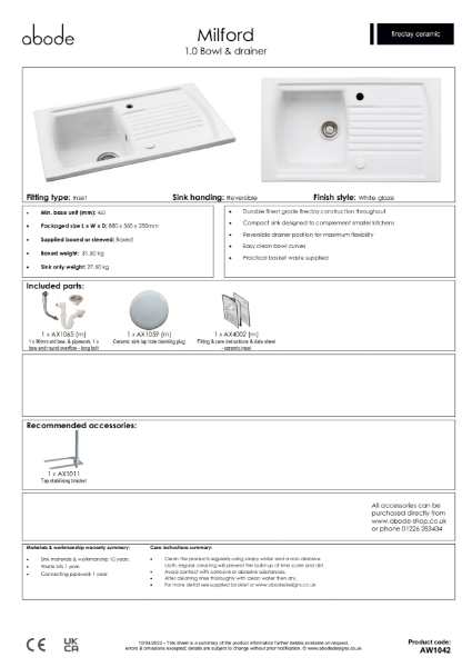 AW1042 Milford. Ceramic Inset Sink & Drainer (1.0 Bowl) - Consumer Specification