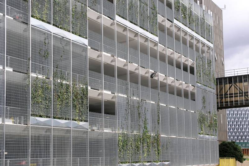 Open mesh grating facade to create green wall at New Covent Garden