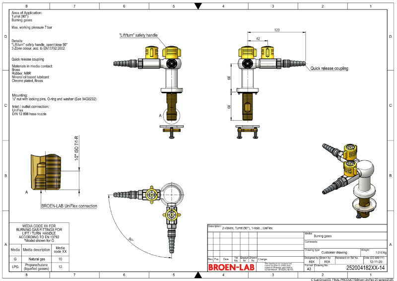 Table mounted laboratory two-way 90° gas tap lift and turn TDS