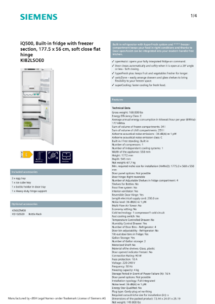 iQ500, Built-in fridge with freezer section, 177.5 x 56 cm, soft close flat hinge KI82LSOE0