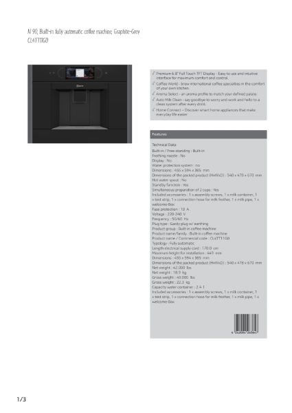 Compact 45cm Coffee Machine Graphite Grey Trim, CL4TT11G0 Datasheet