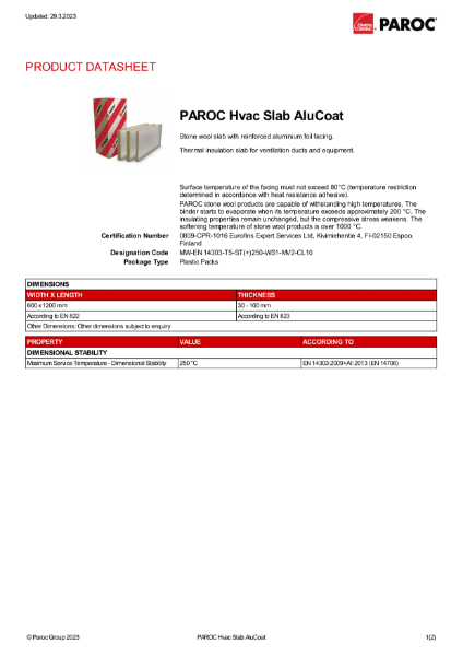 PAROC Hvac Slab AluCoat - datasheet