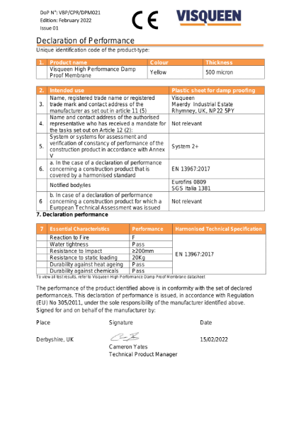 DPM CE Visqueen High Performance Damp Proof Membrane Declaration of Performance