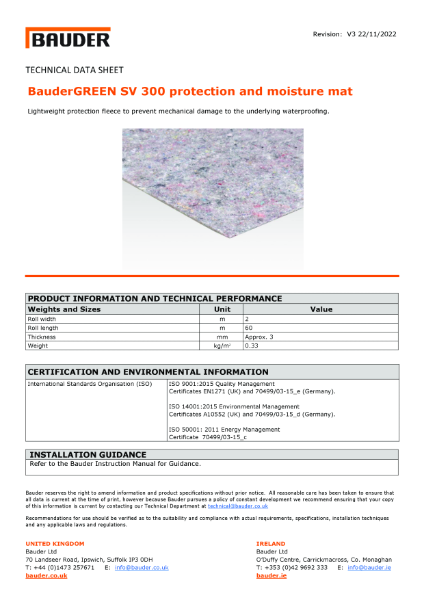 BauderGREEN SV 300 Protection Mat - Technical Data Sheet