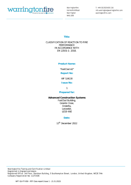 FastClad A2 - Classification of Reaction to Fire Performance