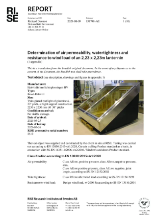 Determination of air permeability, watertightness and
resistance to wind load 