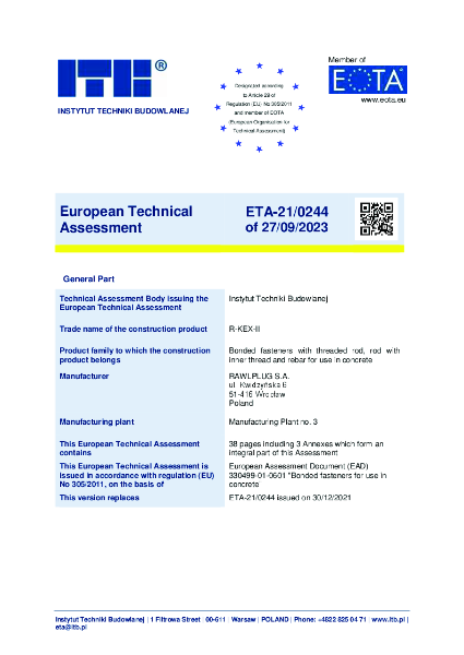 European Technical Assessment - R-KEX II (Sockets/ Rebar/ Threaded Rods)