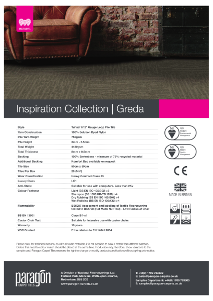 Paragon Carpet Tiles - Inspiration Collection - Greda - Specification Information