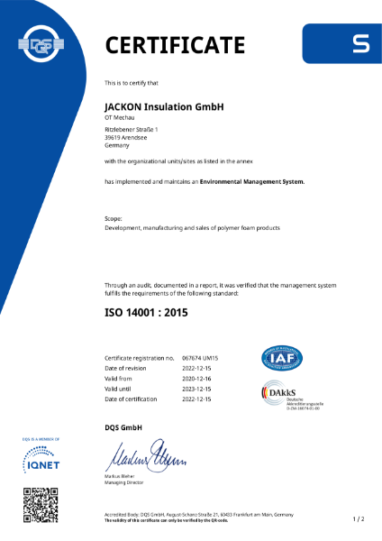 JACKOBOARD® ISO 14001 Certificate