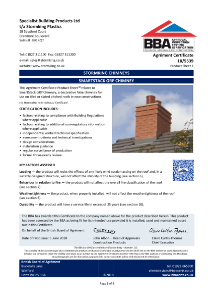 Stormking Chimneys, SmartStack GRP Chimney - British Board of Agrément Certification