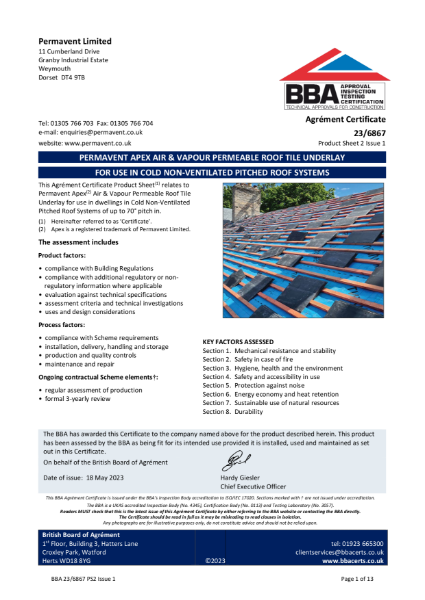 Permavent Apex air & vapour permeable roof tile underlay cold non-ventilated roof BBA