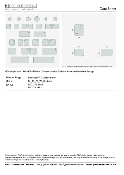 GEC Anderson Data Sheet - G34 Single Bowl